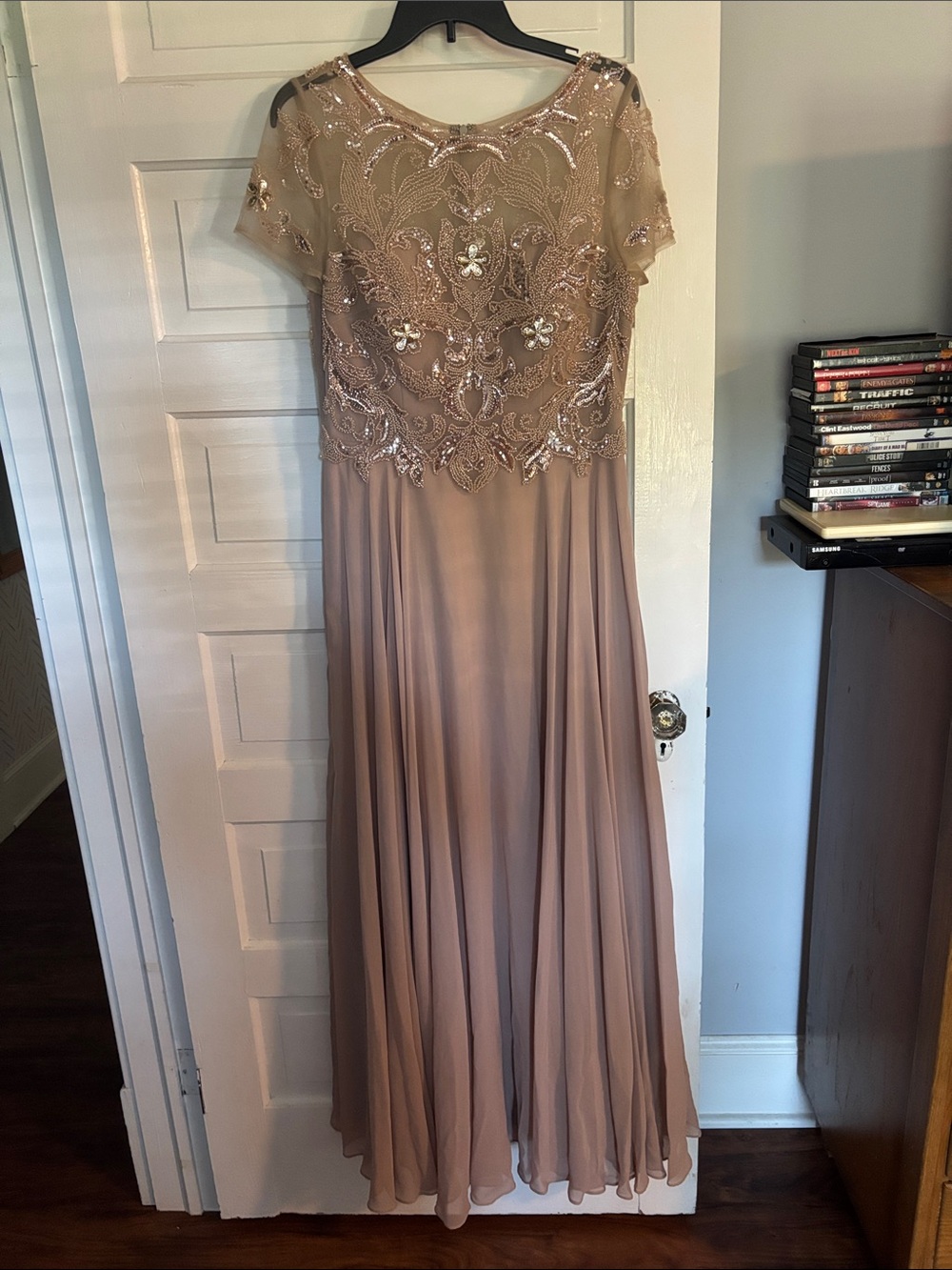 Embellished Taupe Evening Gown - Elegant Women's Dress